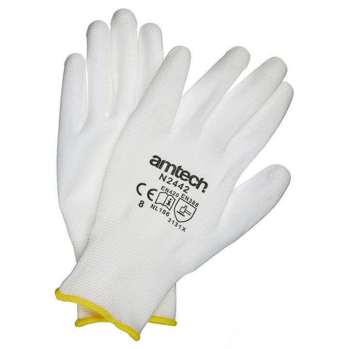 AM-TECH LIGHT DUTY PU COATED WORK GLOVES WHITE - MEDIUM (SIZE 8). AMN2442 \\\KD00665