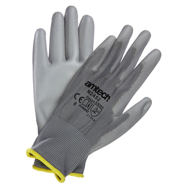 AM-TECH LIGHT DUTY PU COATED PALM GLOVES GREY - MEDIUM (SIZE 8). AMN2452 \\\KD00666