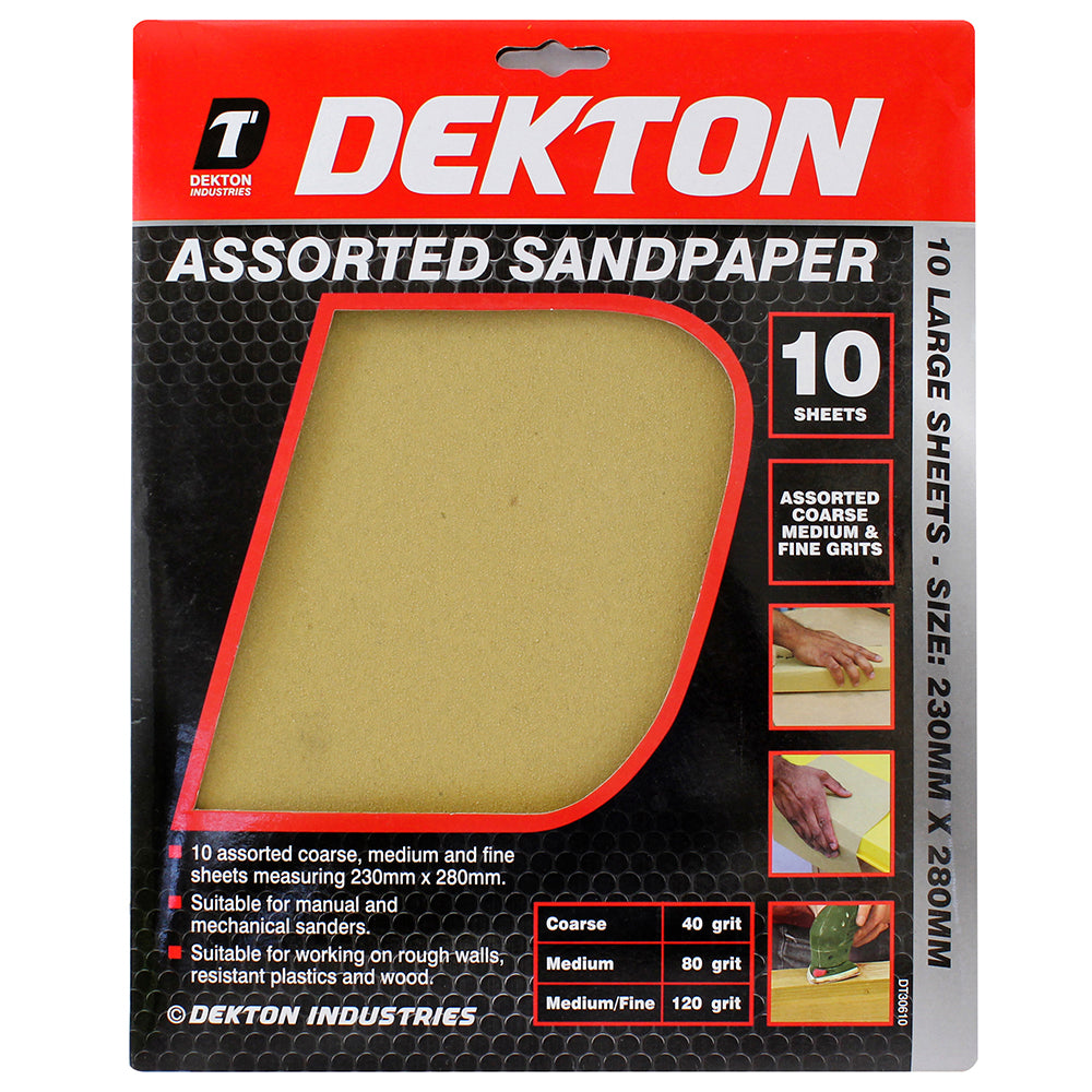 DEKTON ASSORTED SANDPAPER 230MM X 280MM 10/PK. DT30610 \\\KD00869