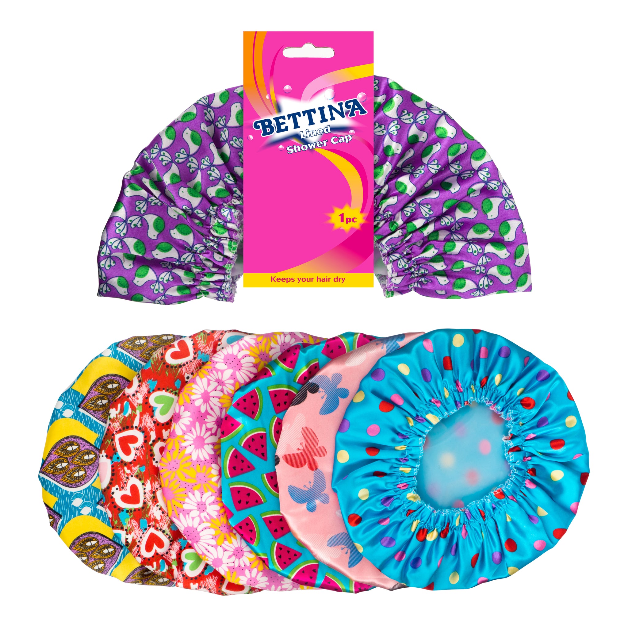 BETTINA ASSORTED LINED SHOWER CAPS \\\KD00972