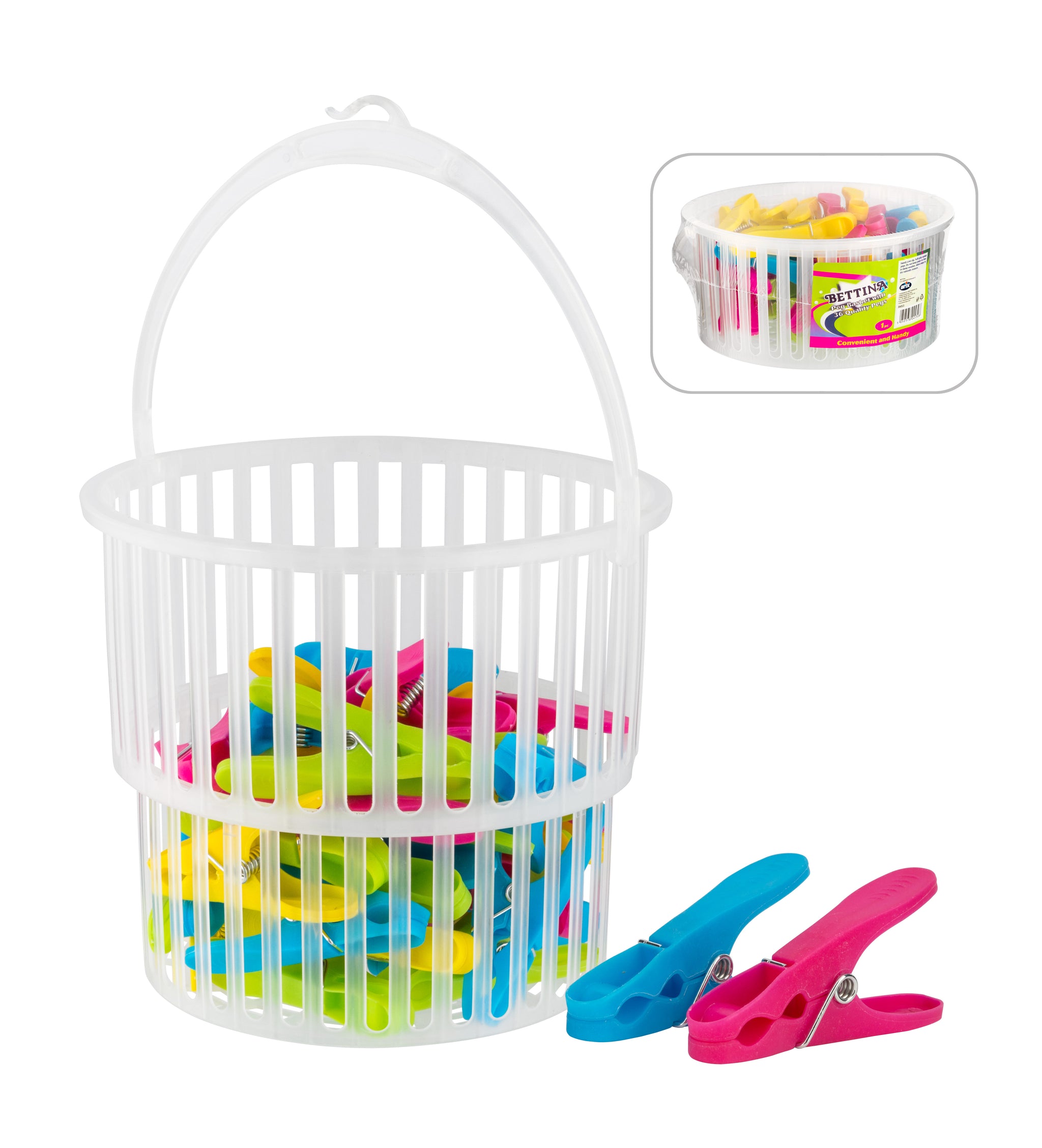 BETTINA 36 LAUNDRY PEGS & EXPANDING PEG BASKET SET. B453 \\\KD01013