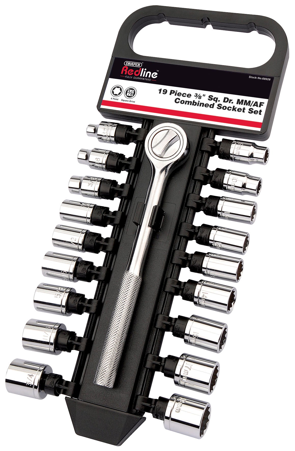 DRAPER REDLINE 68928 3/8-INCH SQUARE DRIVE MM/AF COMBINED SOCKET SET (18-PIECE). DRA68928 \\\KD01893