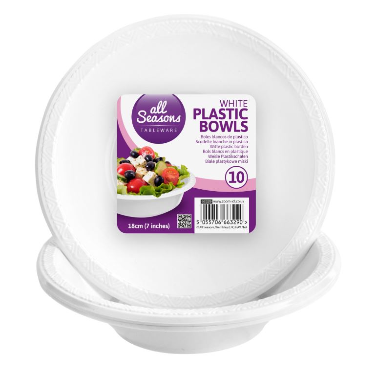 ALL SEASONS WHITE PLASTIC BOWLS 18CM 10/PK. Z66329 \\\KD02582