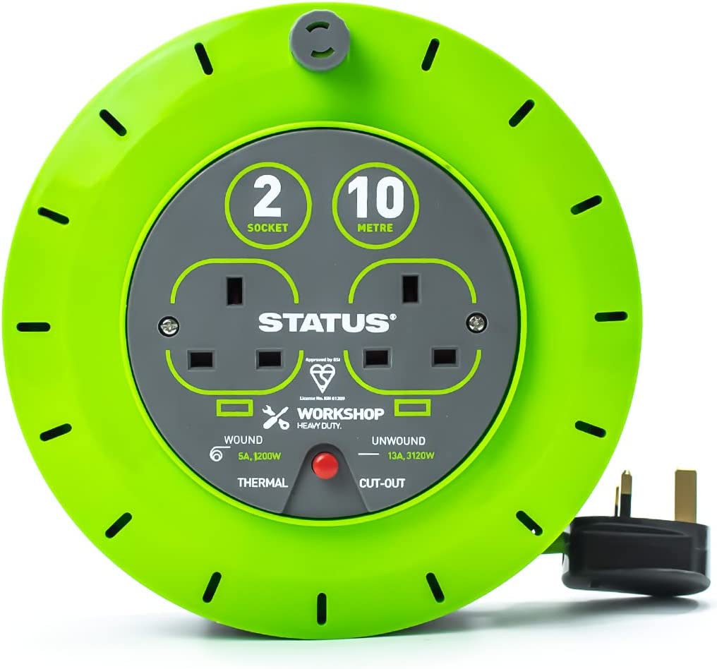 STATUS 10 METER 13 AMP 2 SOCKET OUTLET WITH THERMAL CUT OUT GREEN EXTENTION CABLE REEL. S13A10MCR3 \\\KD02887