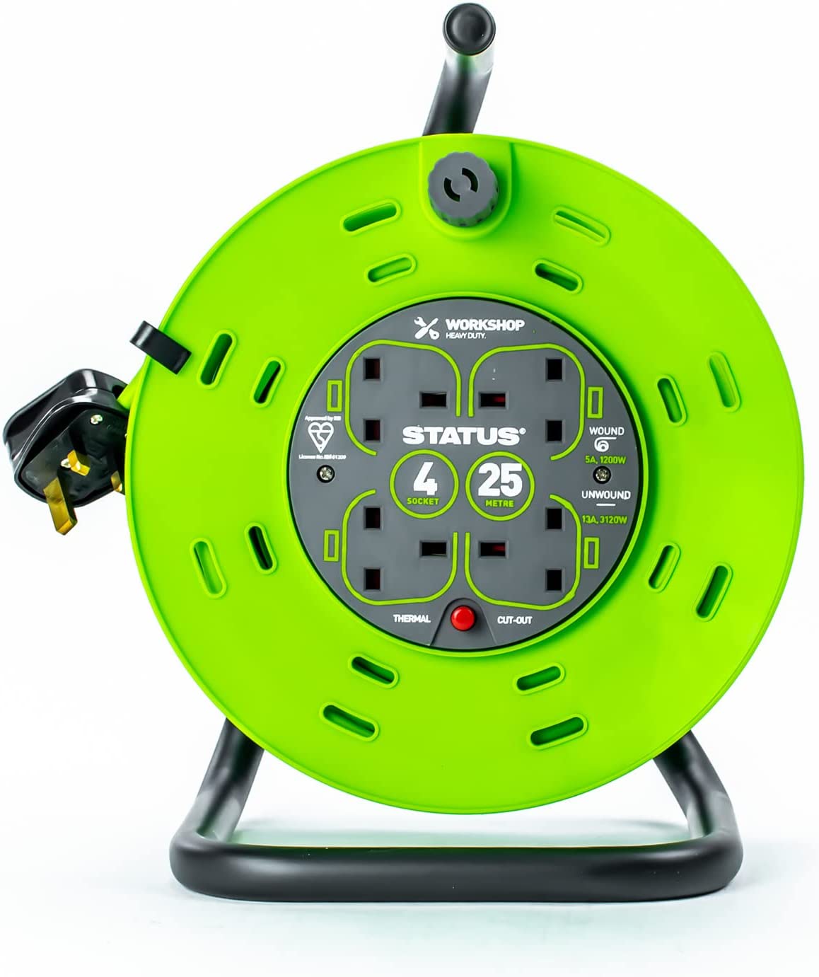 STATUS 25 METER 13 AMP 4 SOCKET OUTLET WITH THERMAL CUT OUT GREEN EXTENTION CABLE REEL. S25M13ACR2 \\\KD02895