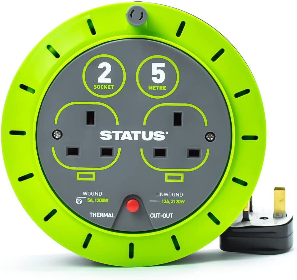 STATUS 5M 13A 2 SOCKET OUTLET WITH THERMAL CUT OUT GREEN EXTENTION CABLE REEL. S5M13ACR3 \\\KD02908