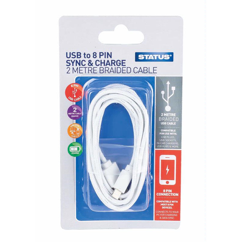 STATUS 8 PIN / COMPATIBLE WITH IPHONE BRAIDED SYNC & CHARGING CABLE 2M. SPCLIGHTCSW1PKB \\\KD02912