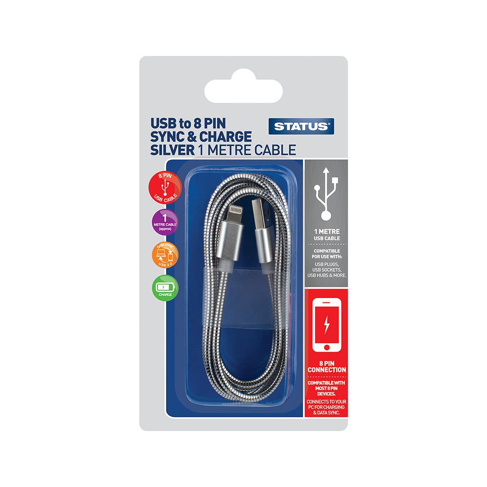 STATUS 8 PIN / COMPATIBLE WITH IPHONE BRAIDED SYNC & CHARGING CABLE 1M - SILVER. SPCLIGHTNCS1PK6 \\\KD02914
