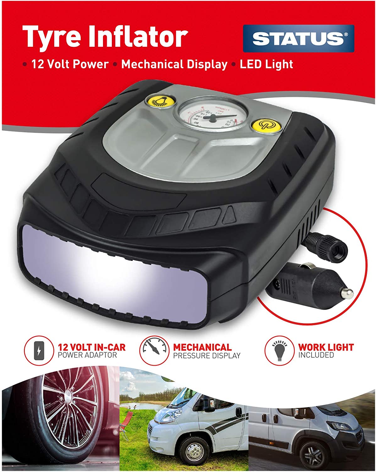 STATUS ANALOGUE TYRE INFLATOR AIR COMPRESSOR WITH LED LIGHT TORCH. SATI1PKB \\\KD02973