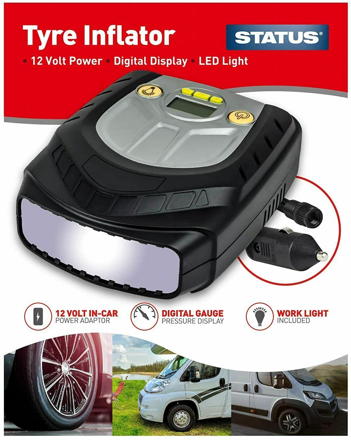 STATUS DIGITAL 12 VOLT CAR TYRE INFLATOR / COMPRESSOR. SDTI1PKB \\\KD02982