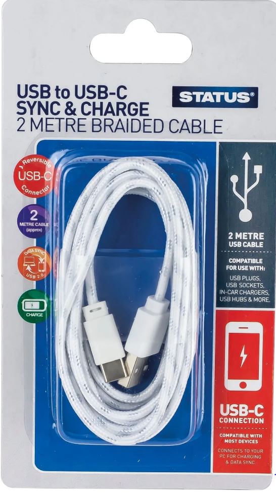 STATUS USB 3.1 TYPE C BRAIDED CHARGING SYNC CABLE 2M. SPCTC3.1USBSW1P6 \\\KD03012