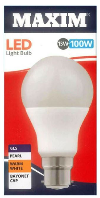 10 X MAXIM 13W=100W GLS LED LIGHT BULB BAYONET / BC WARM WHITE PEARL. 100MLGB22W5X10 \\\KD03019
