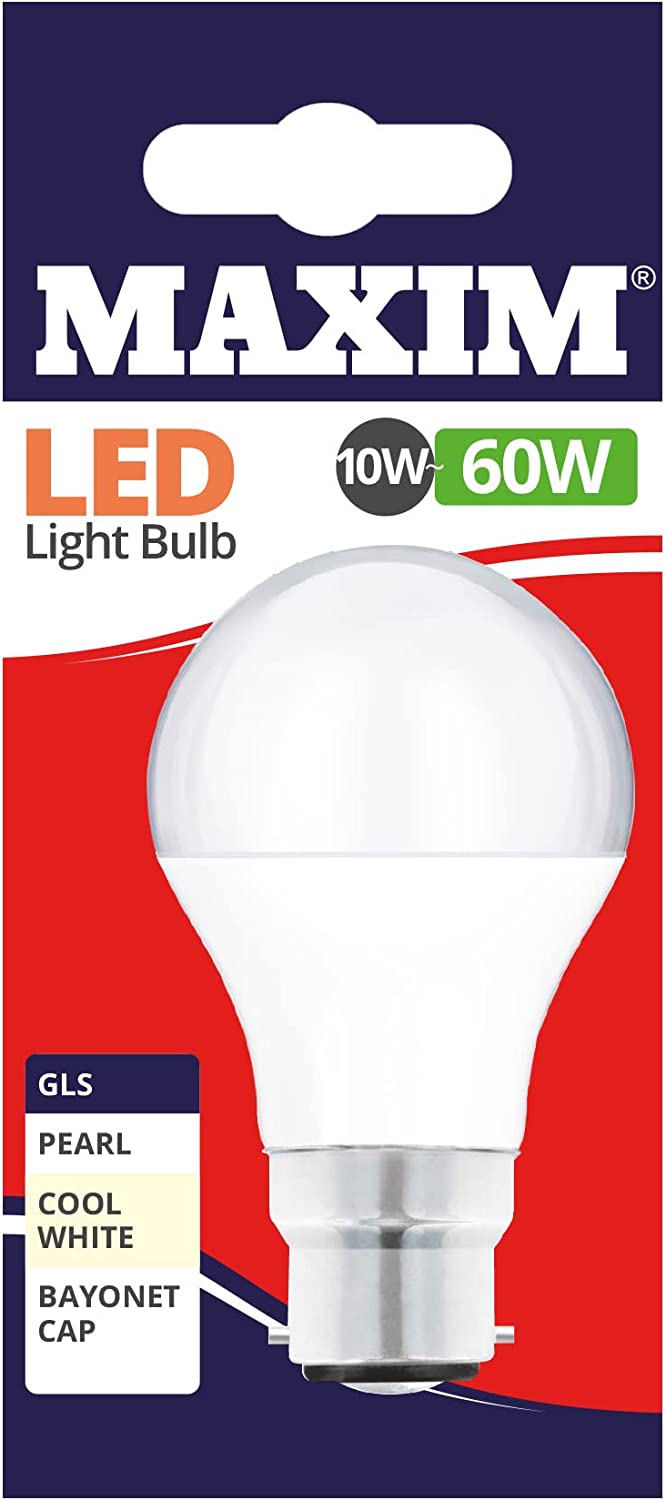 10 X MAXIM 10W=60W GLS LED LIGHT BULB BAYONET / BC COOL WHITE PEARL. 60MLGBCCW5X10 \\\KD03021