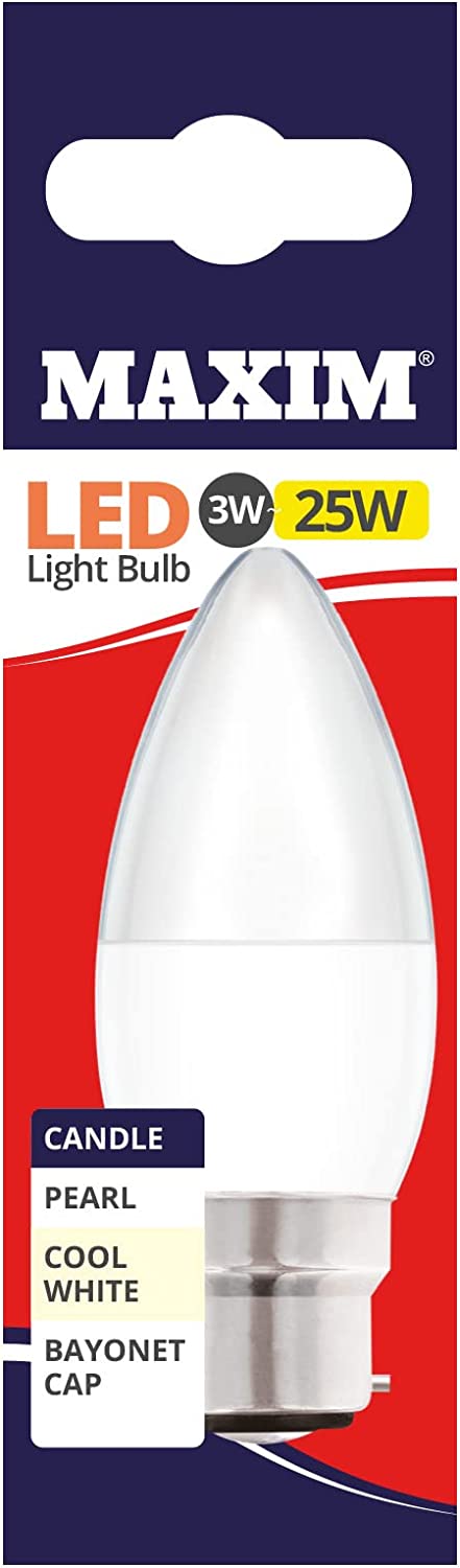 10 X MAXIM 3W=25W CANDLE LED LIGHT BULB BAYONET / BC COOL WHITE PEARL. 25MLCBCCW5X10 \\\KD03027