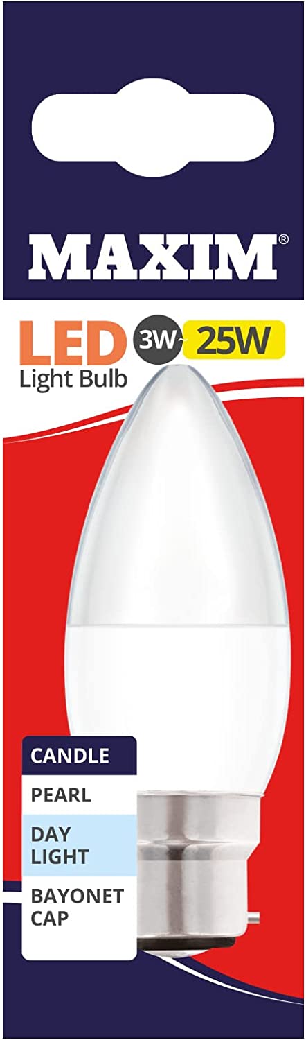 10 X MAXIM 3W=25W CANDLE LED LIGHT BULB BAYONET / BC DAY LIGHT PEARL. 25MLCBCDL5X10 \\\KD03028