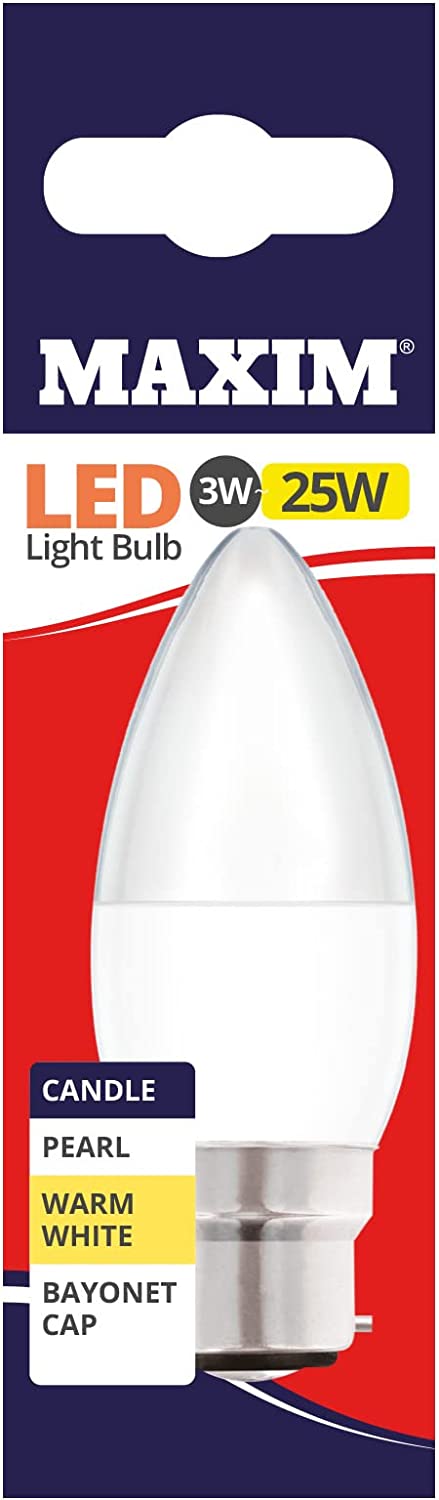 10 X MAXIM 3W=25W CANDLE LED LIGHT BULB BAYONET / BC WARM WHITE PEARL. 25MLCBCWW5X10 \\\KD03029