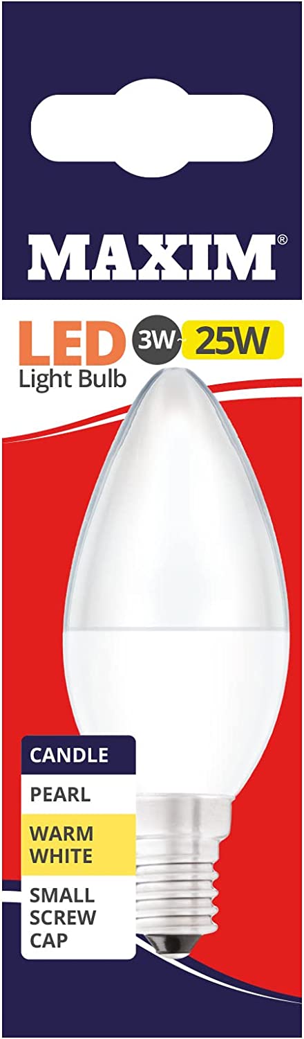 10 X MAXIM 3W=25W CANDLE LED LIGHT BULB SMALL EDISON SCREW / SES WARM WHITE PEARL. 25MLCSESWW5X10 \\\KD03032