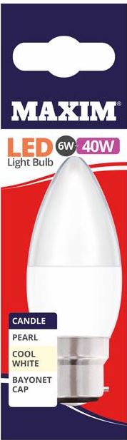 10 X MAXIM 6W=40W CANDLE LED LIGHT BULB BAYONET / BC COOL WHITE PEARL. 40MLCBCCW5X10 \\\KD03039