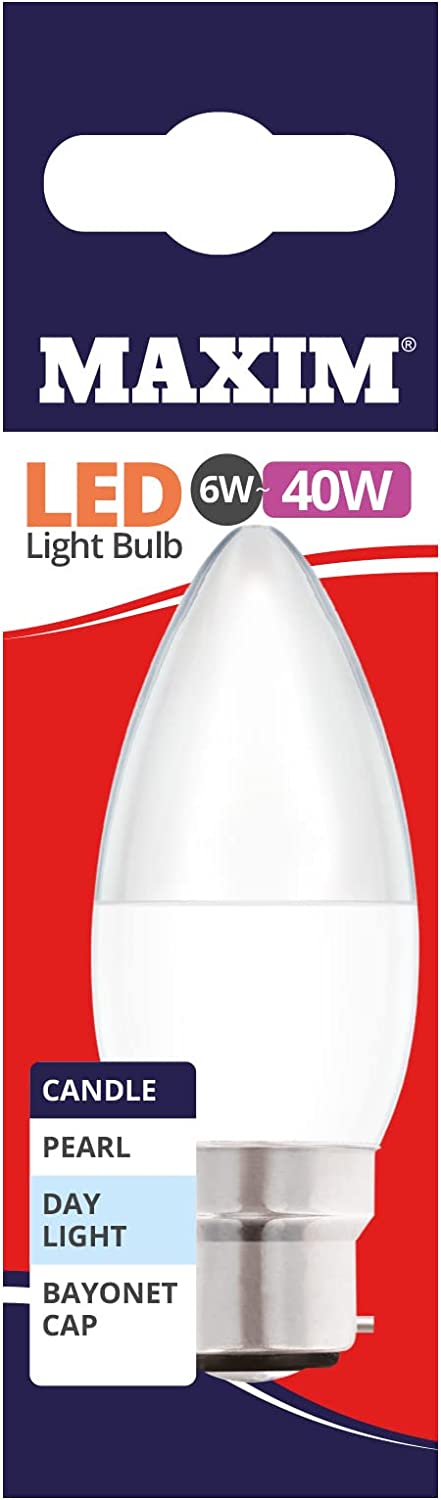 10 X MAXIM 6W=40W CANDLE LED LIGHT BULB BAYONET / BC DAY LIGHT PEARL. 40MLCBCDL5X10 \\\KD03040