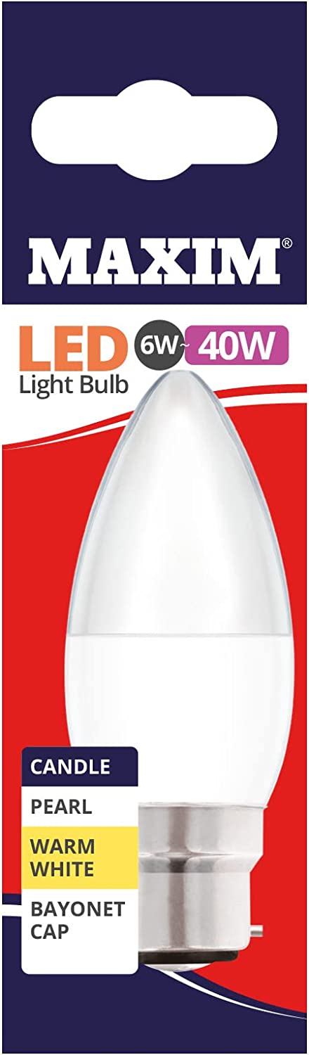 10 X MAXIM 6W=40W CANDLE LED LIGHT BULB BAYONET / BC WARM WHITE PEARL. 40MLCBCWW5X10 \\\KD03041