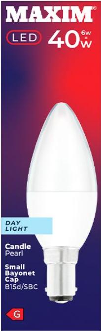 10 X MAXIM 6W=40W CANDLE LED LIGHT BULB SBAYONET / BC DAY LIGHT PEARL. 40MLCB15D5X10 \\\KD03045