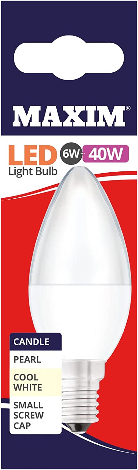 10 X MAXIM 6W=40W CANDLE LED LIGHT BULB SMALL EDISON SCREW / SES COOL WHITE PEARL. 40MLCSESCW5X10 \\\KD03047
