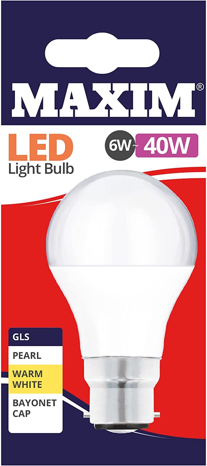 10 X MAXIM 6W=40W GLS LED LIGHT BULB BAYONET / BC WARM WHITE PEARL. 40MLGBCWW5X10 \\\KD03052