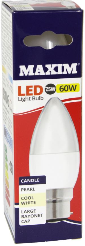 10 X MAXIM 7.5W=60W CANDLE LED LIGHT BULB BAYONET / BC COOL WHITE PEARL. 60MLCBCCW5X10 \\\KD03054