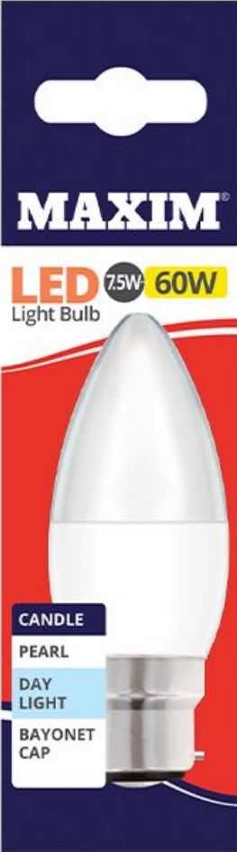 10 X MAXIM 7.5W=60W CANDLE LED LIGHT BULB BAYONET / BC DAY LIGHT PEARL. 60MLCBCDL5X10 \\\KD03055