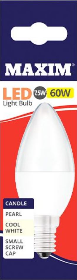 10 X MAXIM 7.5W=60W CANDLE LED LIGHT BULB SMALL EDISON SCREW / SES COOL WHITE PEARL. 60MLCE14C5X10 \\\KD03057