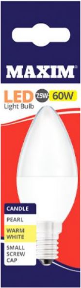 10 X MAXIM 7.5W=60W CANDLE LED LIGHT BULB SMALL EDISON SCREW / SES WARM WHITE PEARL. 60MLCSESWW5X10 \\\KD03059