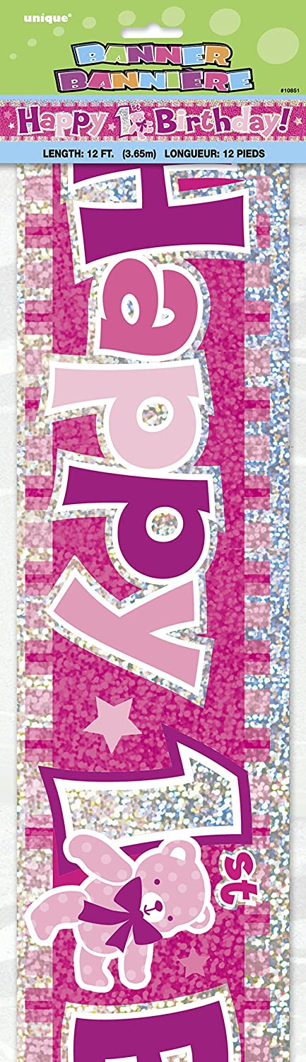 UNIQUE PARTY 1ST BIRTHDAY HOLOGRAPHIC FOIL PARTY BANNER 12FT - PINK. UNI10851 \\\KD03468