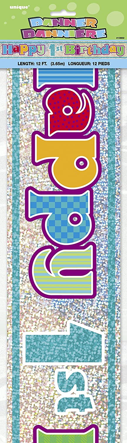 UNIQUE PARTY 1ST BIRTHDAY HOLOGRAPHIC FOIL PARTY BANNER 12FT - MULTICOLOUR. UNI10852 \\\KD03469