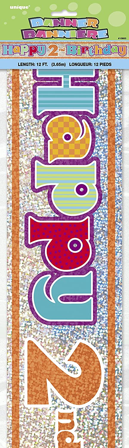UNIQUE PARTY 2ND BIRTHDAY HOLOGRAPHIC FOIL PARTY BANNER 12FT - MULTICOLOUR. UNI10853 \\\KD03470