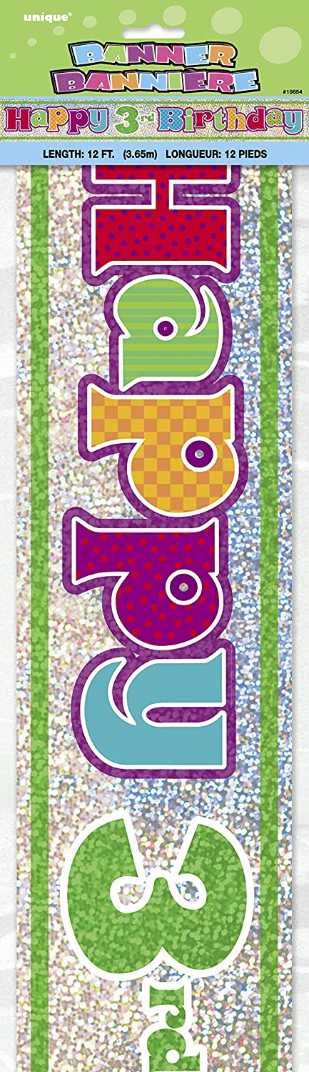 UNIQUE PARTY 3RD BIRTHDAY HOLOGRAPHIC FOIL PARTY BANNER 12FT - MULTICOLOUR. UNI10854 \\\KD03471