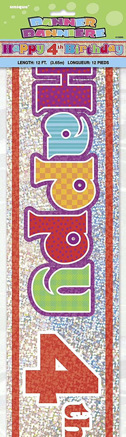 UNIQUE PARTY 4TH BIRTHDAY HOLOGRAPHIC FOIL PARTY BANNER 12FT - MULTICOLOUR. UNI10855 \\\KD03472