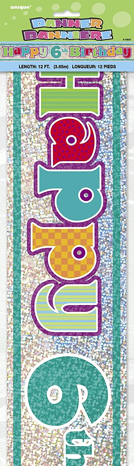 UNIQUE PARTY 6TH BIRTHDAY HOLOGRAPHIC FOIL PARTY BANNER 12FT - MULTICOLOUR. UNI10857 \\\KD03474