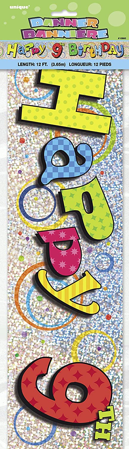 UNIQUE PARTY 9TH BIRTHDAY HOLOGRAPHIC FOIL PARTY BANNER 12FT - MULTICOLOUR. UNI10860 \\\KD03477