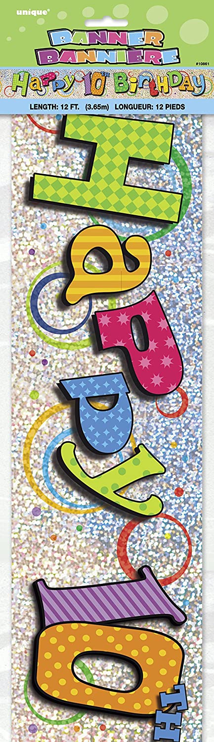 UNIQUE PARTY 10TH BIRTHDAY HOLOGRAPHIC FOIL PARTY BANNER 12FT - MULTICOLOUR. UNI10861 \\\KD03478
