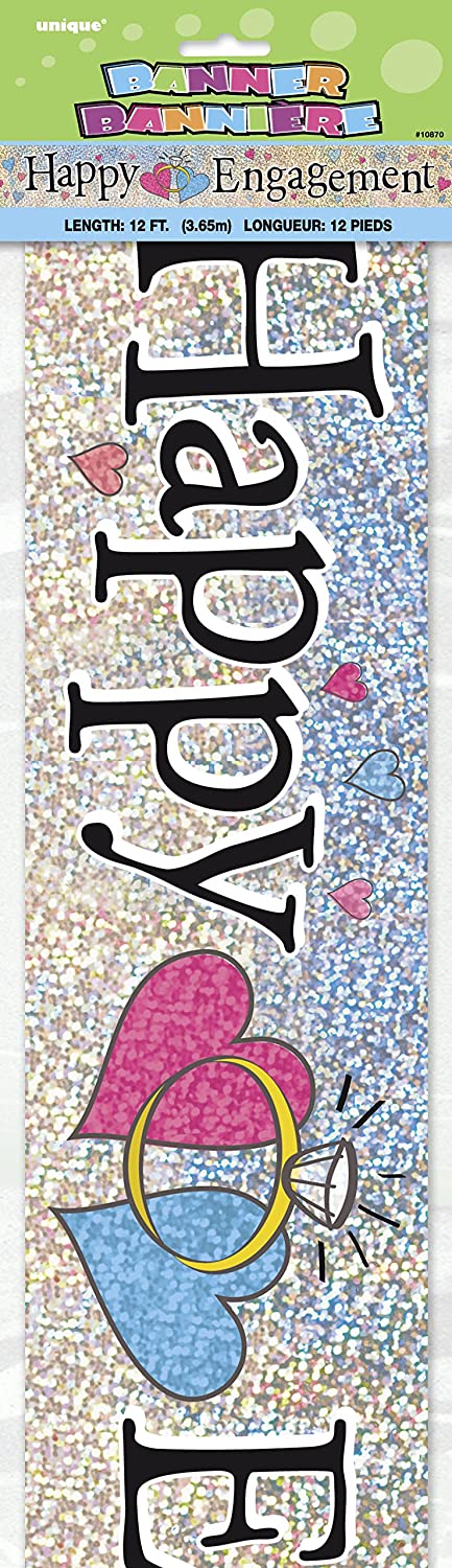 UNIQUE PARTY HAPPY ENGAGEMENT HEARTS & RING HOLOGRAPHIC FOIL PARTY BANNER 12FT - MULTICOLOUR. UNI10870 \\\KD03479