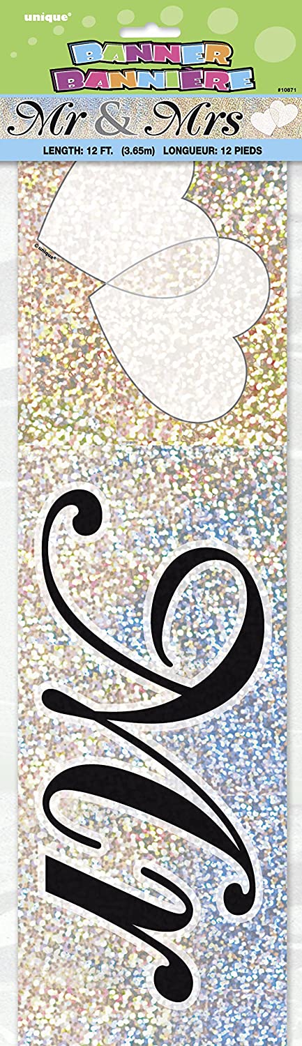 UNIQUE PARTY MR & MRS WHITE HEART HOLOGRAPHIC FOIL PARTY BANNER 12FT -. UNI10871 \\\KD03480