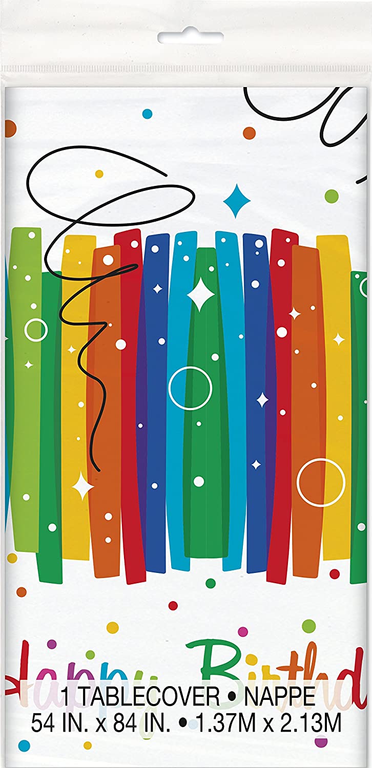 UNIQUE PARTY PLASTIC RAINBOW RIBBONS HAPPY BIRTHDAY TABLECLOTH 54 INCH X 84 INCH - RAINBOW RIBBONS. UNI49563 \\\KD03541