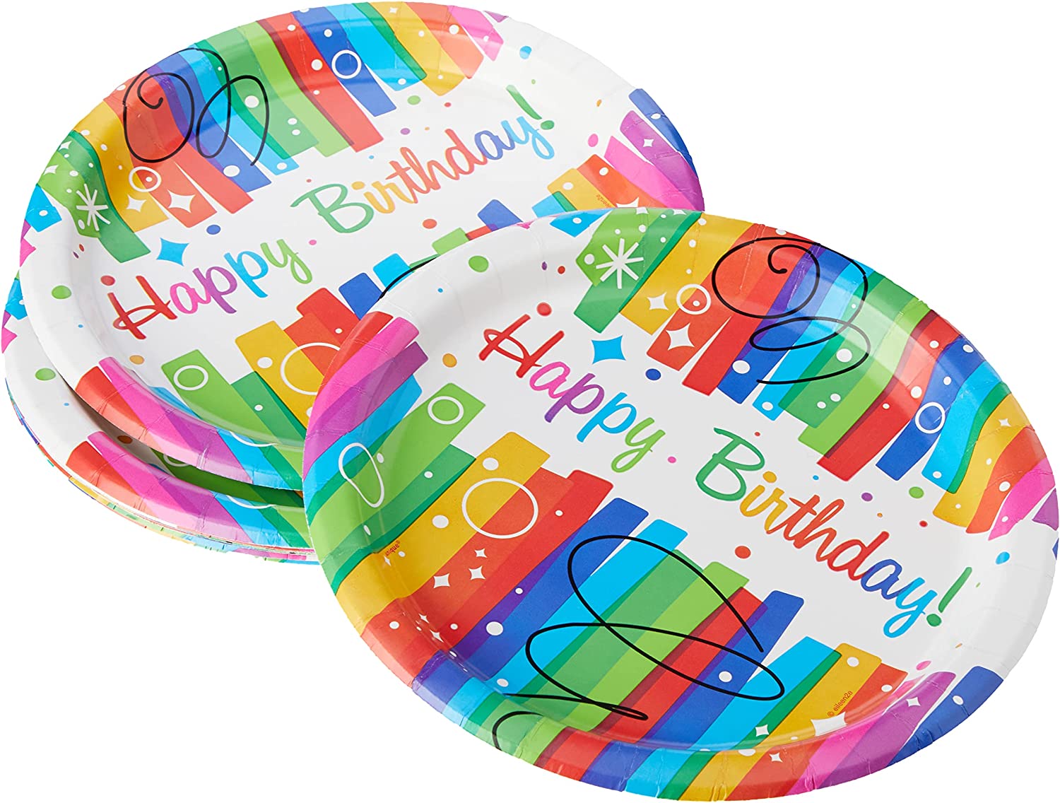 UNIQUE PARTY HAPPY BIRTHDAY PARTY PLATES 21.9CM 8/PK - RAINBOW RIBBONS. UNI49565 \\\KD03542