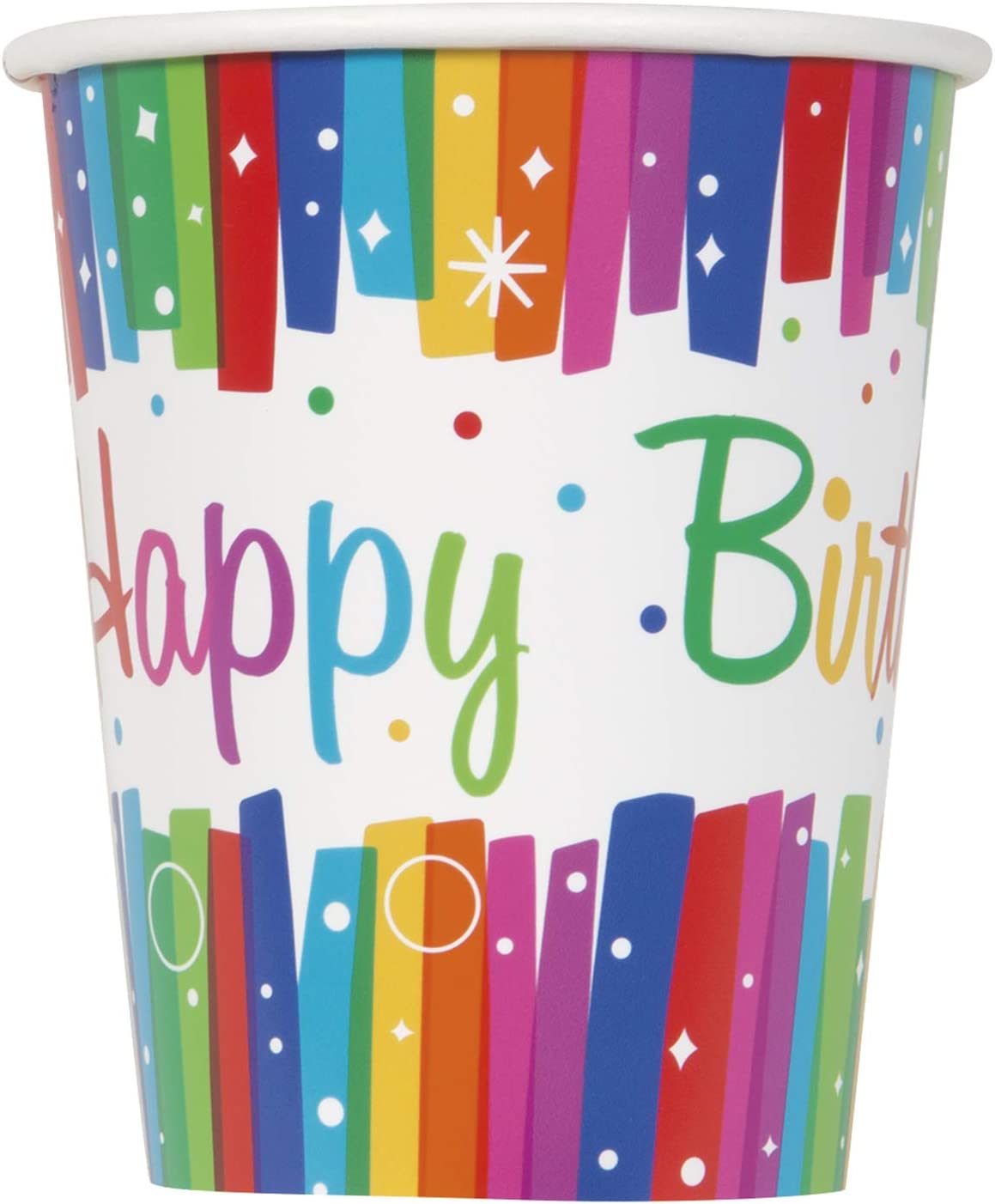 UNIQUE PARTY HAPPY BIRTHDAY PARTY CUPS 9OZ 8/PK - RAINBOW RIBBONS. UNI49566 \\\KD03543