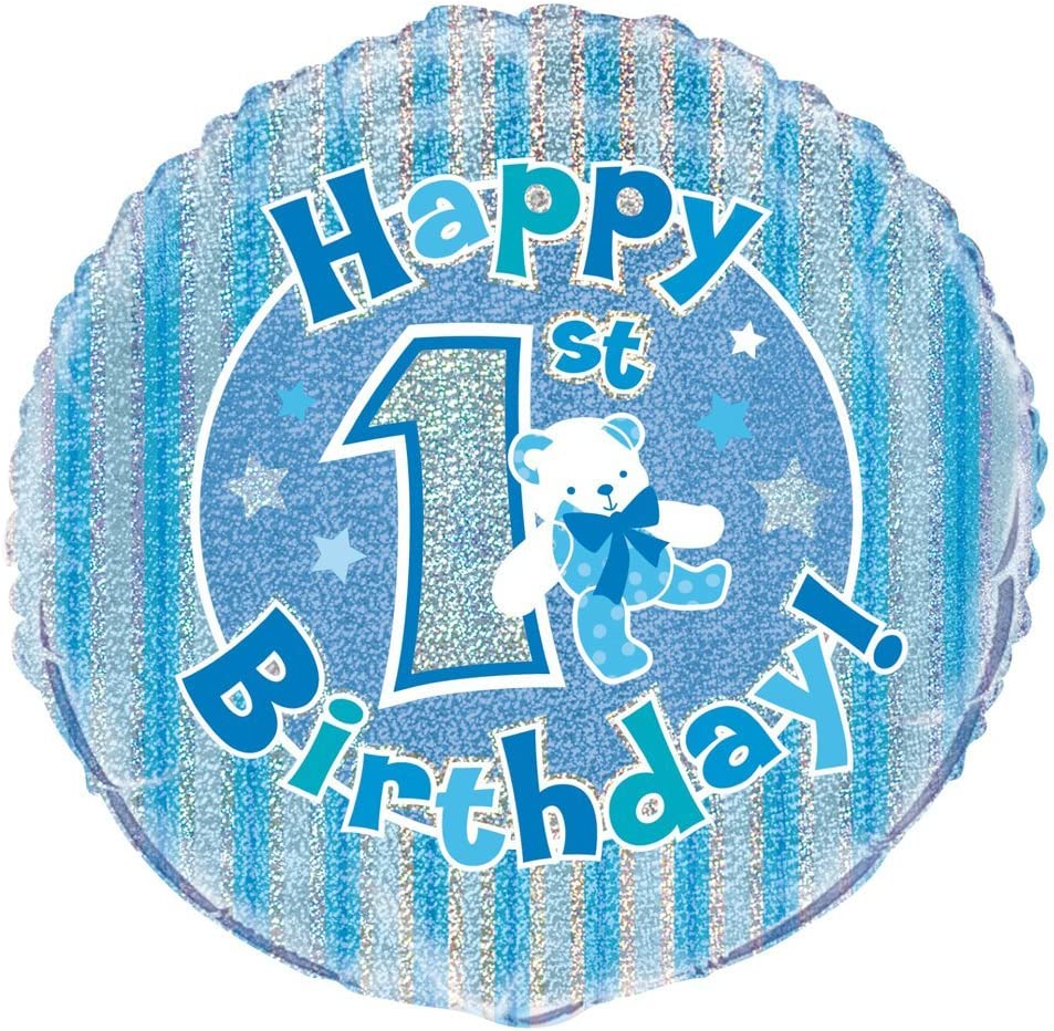 UNIQUE PARTY 1ST BIRTHDAY HOLOGRAPHIC ROUND FOIL BALLOON 18 INCH - BLUE. UNI55481 \\\KD03547