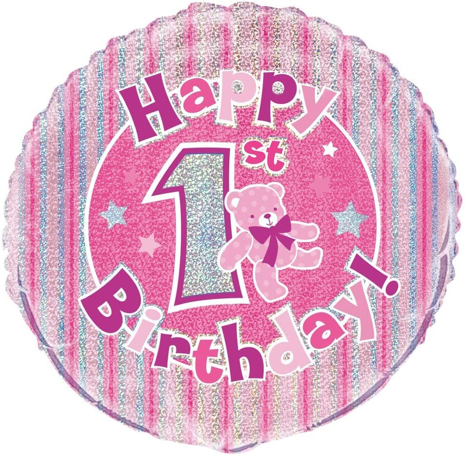 UNIQUE PARTY 1ST BIRTHDAY HOLOGRAPHIC ROUND FOIL BALLOON 18 INCH - PINK. UNI55483 \\\KD03548