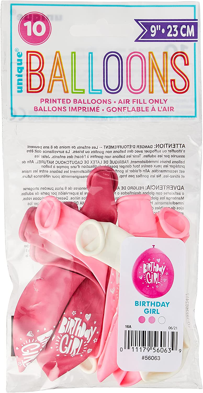 UNIQUE PARTY BIRTHDAY GIRL LATEX BALLOONS 9 10/PK - PINK / WHITE. UNI56063 \\\KD03578