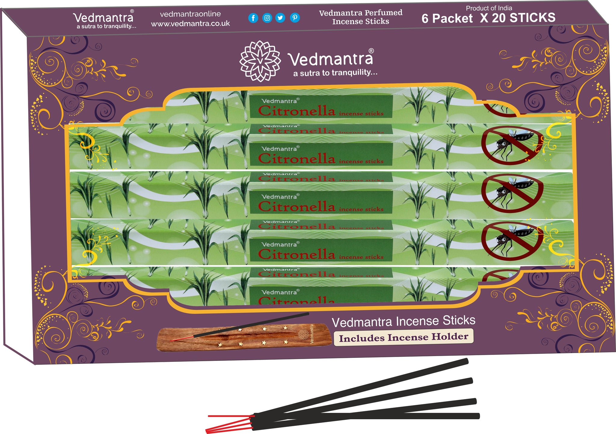 VEDMANTRA PERFUMED INCENSE STICKS 120/PK WITH HOLDER - CITRONELLA. VED890550 \\\KD03766