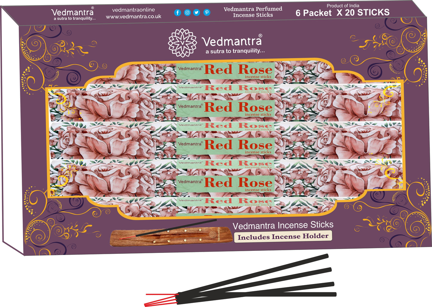 VEDMANTRA PERFUMED INCENSE STICKS 120/PK WITH HOLDER - RED ROSE. VED890833 \\\KD03772