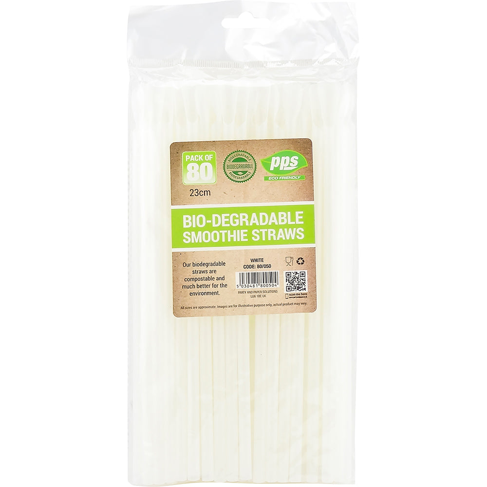 PPS WHITE BIODEGRADABLE COMPOSTABLE DRINKING PARTY STRAWS 23CM 80/PK. PPS80050 \\\KD03852